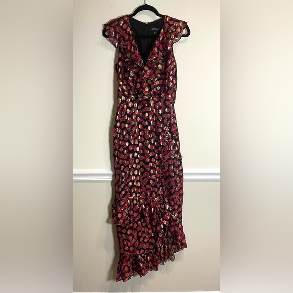 SALONI Printed Anita Dress in Red/Black/Gold Burnout Ruffle Size 2 - Picture 7 of 12